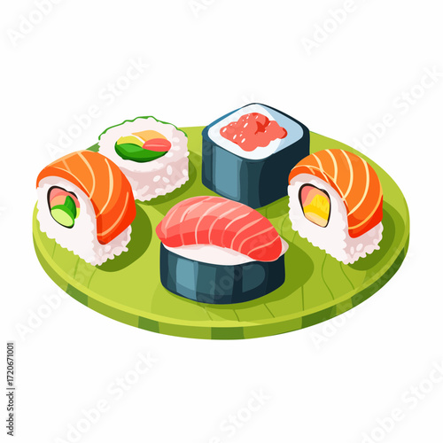 Assorted Sushi Selection on a Green Plate Nigiri Maki and Gunkan.