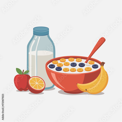 Cartoon breakfast scene with cereal milk fruit and a spoon in a red bowl.