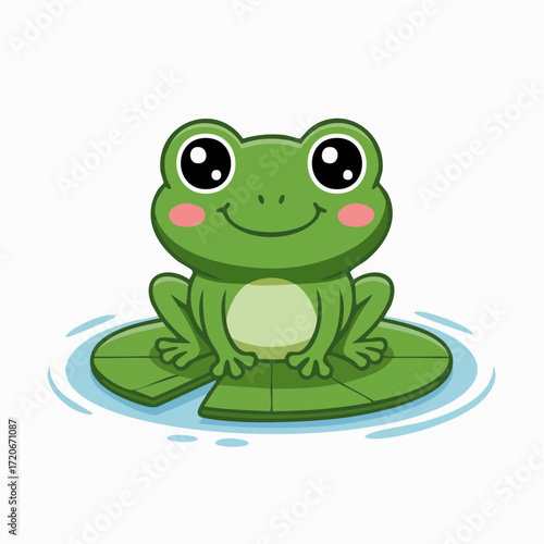 Cartoon Green Frog Sitting on a Lily Pad with Big Eyes and Rosy Cheeks.