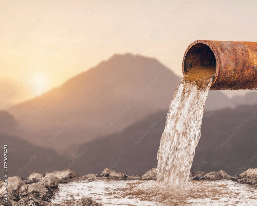 Fototapeta premium High-Quality Environmental Pollution Image Showing Rusty Pipe Dumping Wastewater at Sunset Authentic Industrial Accountability for Social Media and Marketing Campaigns