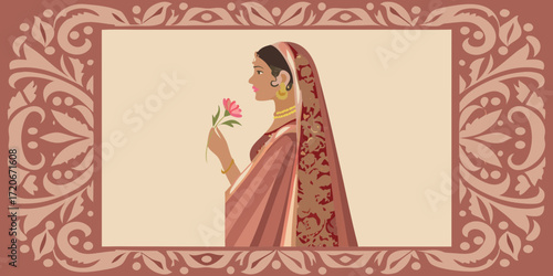 Elegant indian woman in traditional sari holding a pink flower with decorative border