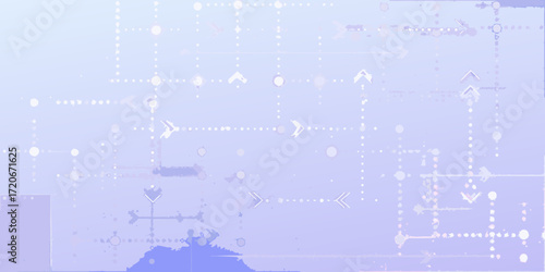 Abstract digital network with interconnected dots and directional arrows on a soft purple background