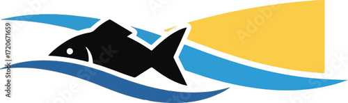 Silhouette Fish Swimming in Water with Sun Icon