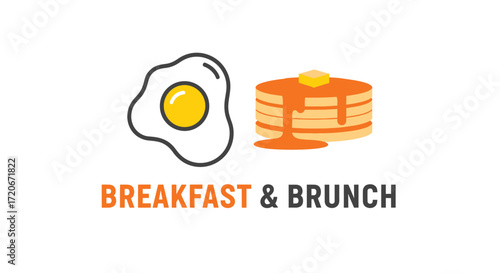 A minimalist logo for a breakfast and brunch restaurant featuring a fried egg and a stack of pancakes.