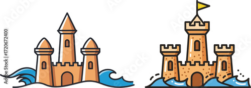 Cartoon Sandcastles in Ocean Waves Illustration