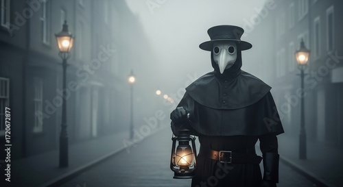 Eerie plague doctor in foggy street with lantern. Perfect for Halloween, historical fiction, or pandemic themes. Dark, mysterious, and historically evocative.