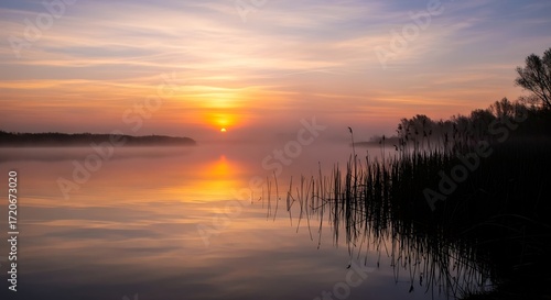 Wallpaper Mural A serene sunrise paints the tranquil lake with soft, golden hues, reflecting calmness and tranquility. Torontodigital.ca