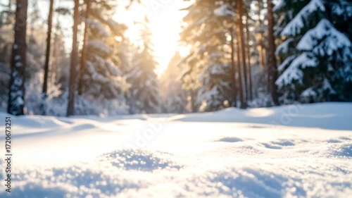 Snowy forest sunrise view