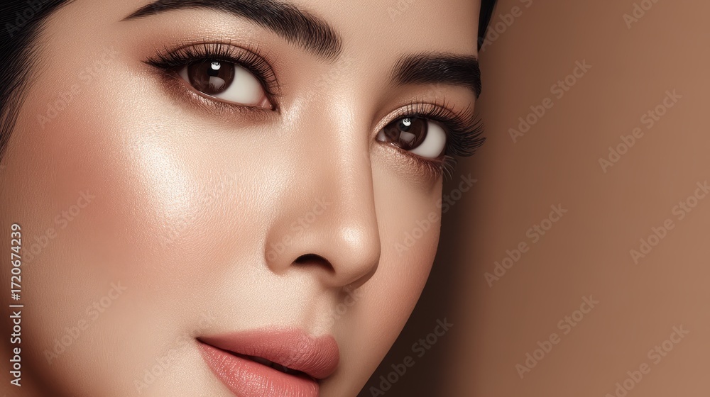 Fototapeta premium Elegant woman with long black hair and vibrant pink lipstick, a captivating portrait.