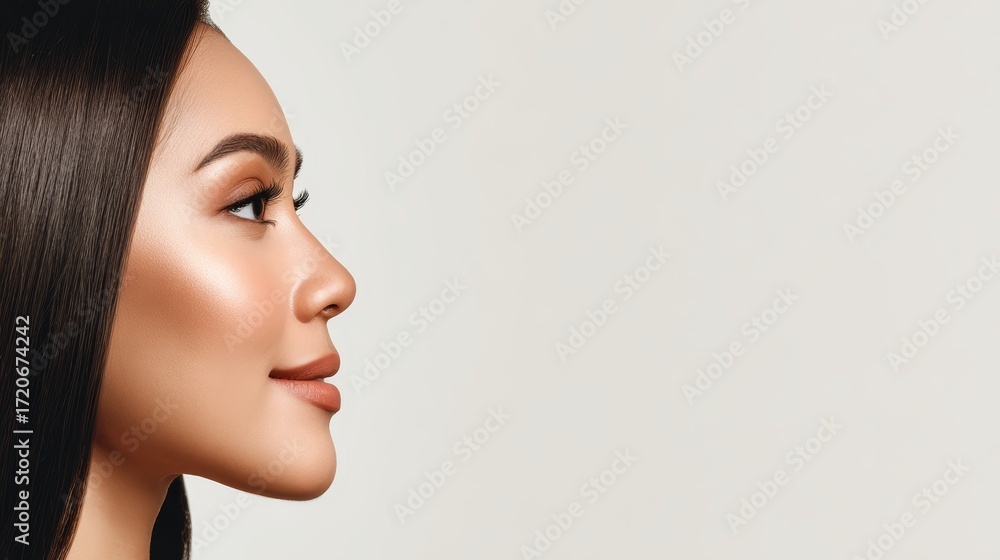 Fototapeta premium Elegant woman with flowing hair, a captivating portrait against pristine white backdrop.
