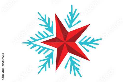 Winter holiday decoration with glowing red star and icy snowflake pattern