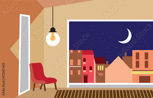 Print Night city view, cozy room interior, window perspective, urban landscape, crescent moon, starry sky, apartment life, tranquil evening, city lights, modern living, home comfort, and flat illustra