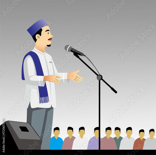 Vector illustration of a preacher giving a sermon on stage with a microphone and audience