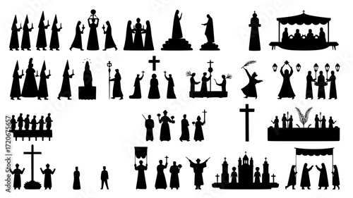 “Semana Santa Procession Silhouette Vector Set – 20 Sharp Black Religious Illustrations of Holy Week Traditions”