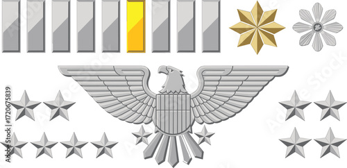Vector Illustration of Military Rank Insignias with Gold Bar Silver Stars and Eagle Colonel Symbol Pentagon General Badge Set Design