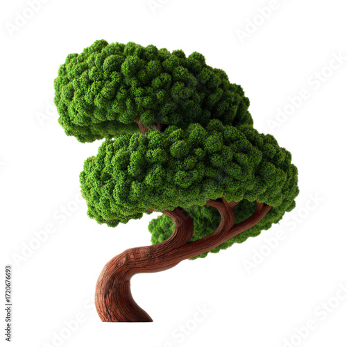 Stylized green tree with textured bark and dense foliage isolated on black