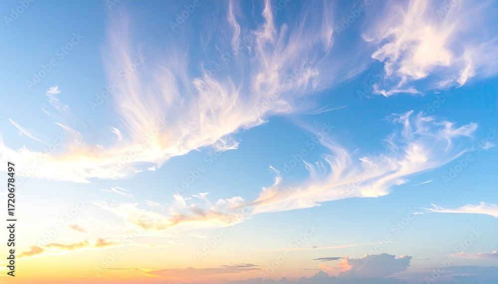Fototapeta premium Soft, wispy clouds against a vibrant sunset sky