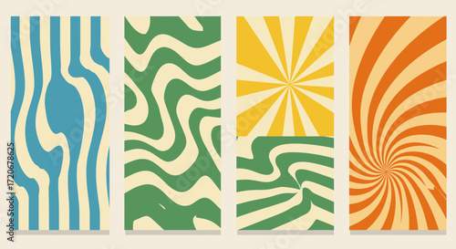 Abstract Retro Wave Patterns with Vintage Color Palette A Set of Four Groovy Background Designs