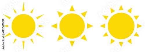 variety of suns icons. Sun vector set in yellow color on transparent background. yellow sun icon set representing sunrise, sunset, daylight and solar glow. vector illustration. brightness icon.