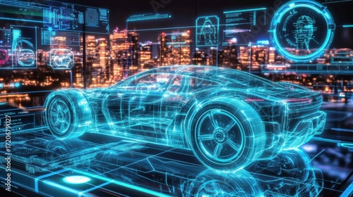 Futuristic car interface cityscape background is center image Advancements in Artificial Intelligence