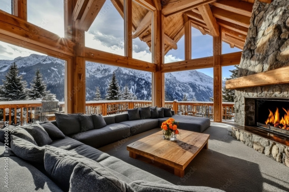 Fototapeta premium Luxurious living room beautiful view mountains has high Luxury chalet interior