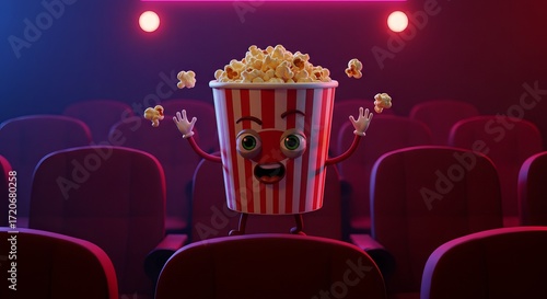 A fun and excited cartoon popcorn bucket character with wide eyes and a smile sitting in a movie theater filled with rows of empty seats
