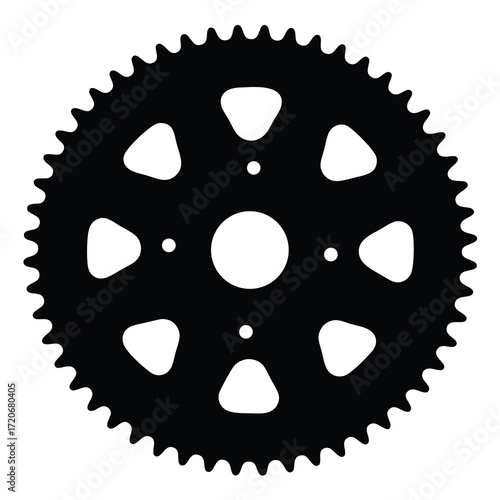 Black bike gear on white background features circular, toothed design and cutouts.