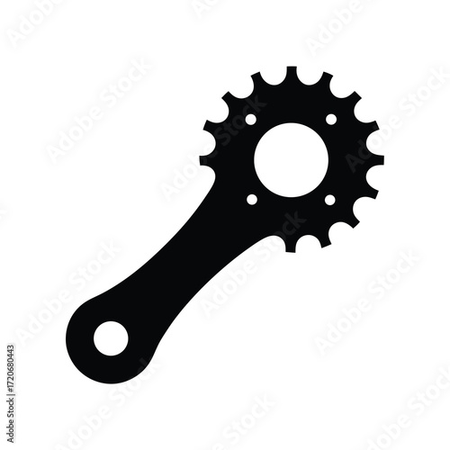 Black and white minimalist depiction of a sprocket and connecting arm