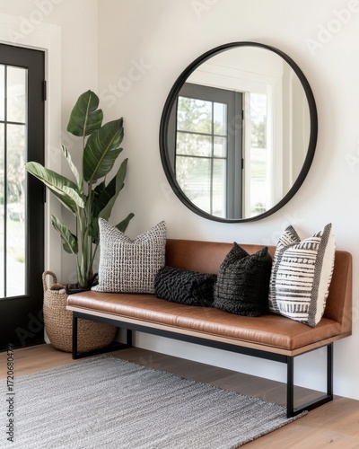 Modern entryway wooden bench large mirror hanging wall A is