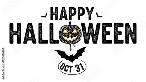 Happy Halloween Spooktacular: A chilling Halloween design showcasing a carved pumpkin illuminated with a mischievous grin, accompanied by a silhouette of a bat, set against a textured design.