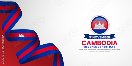 Cambodia independence day banner background 9 november design element with waving ribbon flag