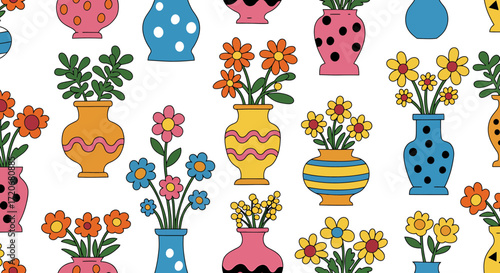 A vibrant and cheerful seamless pattern featuring a delightful collection of handdrawn cartoon vases filled with colorful flowers and greenery, perfect for spring and summer designs