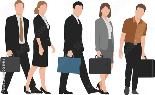 Business professionals walking, corporate attire, briefcase, office workers, teamwork, career, diversity, formal wear, vector illustration