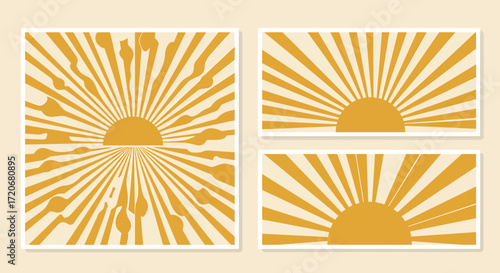 Collection of minimalist retro posters featuring an abstract sunburst design, evoking a 70s groovy aesthetic with a warm sunrise and sunset concept