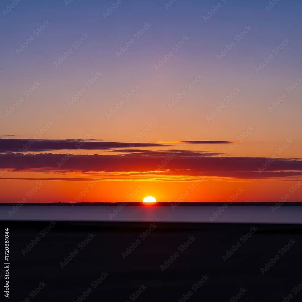 Obraz premium A breathtaking sunrise paints the sky in vibrant hues of orange, purple, and blue over a calm body of water.