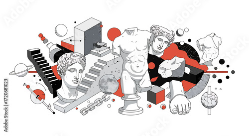 Abstract composition with classical sculpture elements, geometric shapes, and architectural details