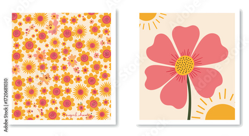 Collection of retro 70s style floral art featuring a groovy flower pattern and a single pink daisy illustration