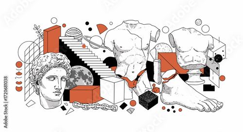 Surreal collage of classical greek and roman sculptures, geometric shapes, stairs, and celestial bodies, creating a dreamlike and abstract composition with a minimalist aesthetic
