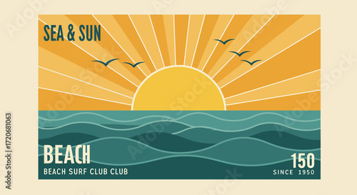 Retro-inspired illustration of a serene ocean scene with a glowing sun and flying birds, capturing the essence of a peaceful coastal sunrise or sunset