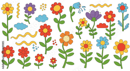 A vibrant collection of cute and groovy flowers with a retro aesthetic. Set of colorful, whimsical floral vector illustrations for creative design
