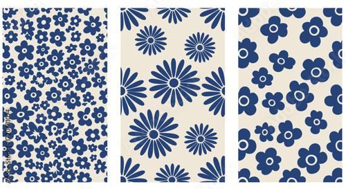 A collection of three seamless floral patterns featuring small blue flowers on a light beige background, showcasing different arrangements and sizes of the blossoms for versatile design applications