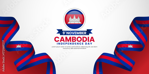 Cambodia independence day banner background 9 november design element with waving ribbon flag