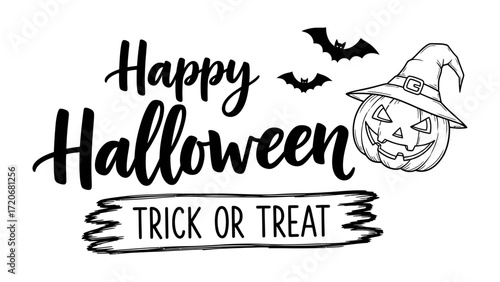 Happy Halloween with Pumpkin and Bats: A whimsical and evocative Halloween greeting, adorned with a grinning jack-o'-lantern wearing a witch hat and silhouetted bats, inviting all for trick or treat.