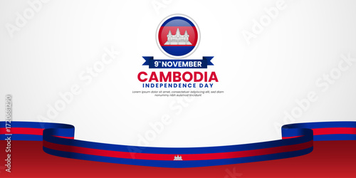Cambodia independence day banner background 9 november design element with waving ribbon flag