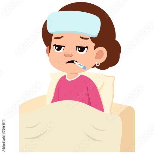 Illustration of Sick Girl in Bed with Fever