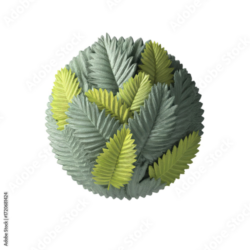 Sphere composed of overlapping textured leaves in shades of green and grey