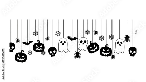 Halloween Festivities Decorations: Spooky silhouette decorations including pumpkins, ghosts, spiders and bats hanging from a string to create a haunting yet festive mood.