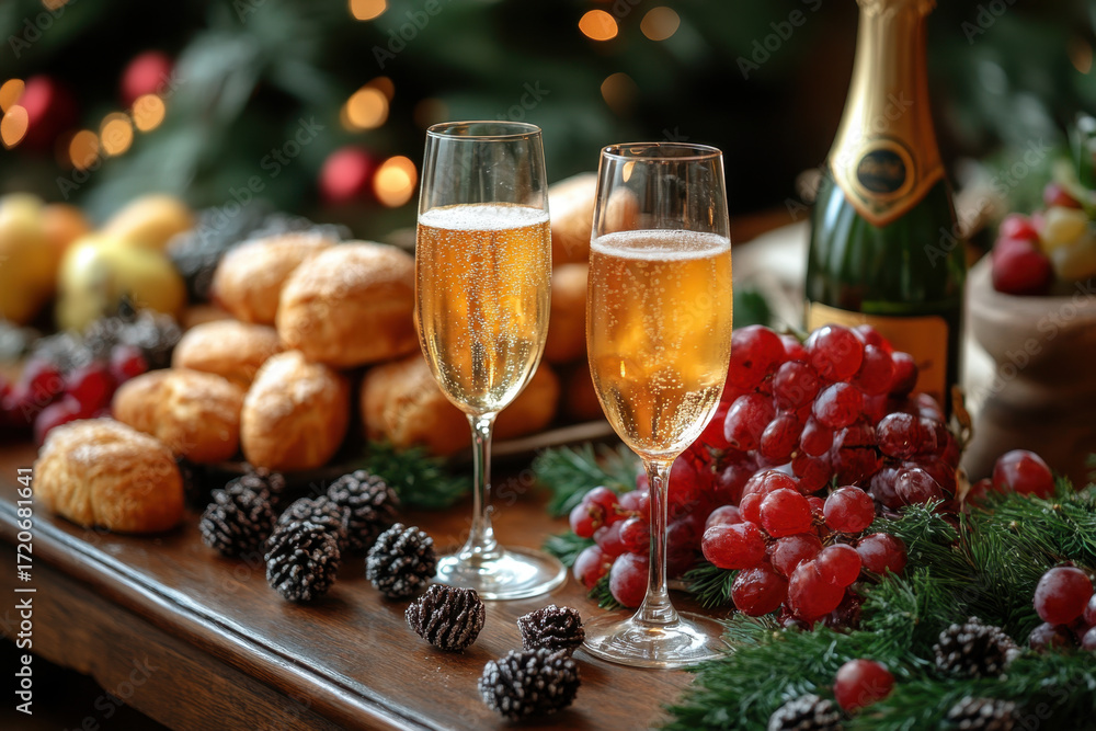 Naklejka premium glasses of champagne with Christmas decorations and pine cones.