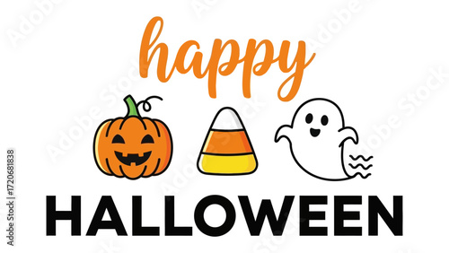 Happy Halloween Celebration: A cheerful Halloween greeting featuring a grinning pumpkin, a sweet candy corn, and a friendly ghost. conveys the festive spirit, whimsical charm.