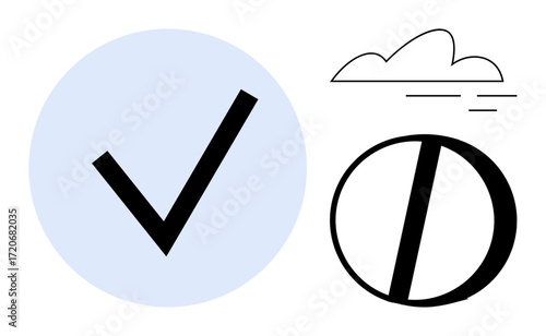 Black checkmark in blue circle, bold half-circle design, and abstract cloud line above. Ideal for productivity, approval, minimalism, design, organization achievement aesthetics. Simple flat
